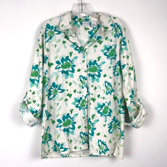 Kim Rogers Linen & Cotton Floral Button Down Top with Roll Tab Sleeves - Picture 5 of 12